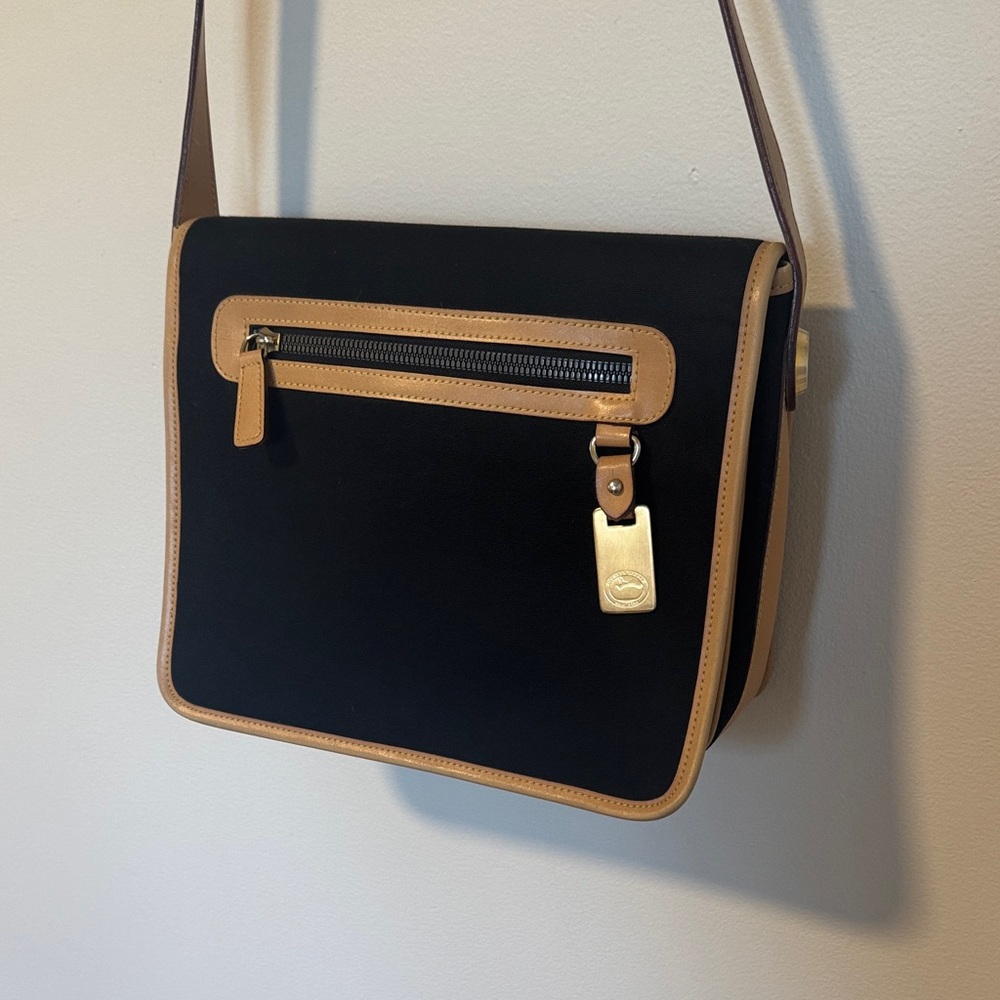 Vintage Dooney & Bourke Black Crossbody with Tan Trim and Gold Accent
